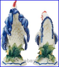 Fitz and Floyd Ceramic Rooster and Hen Figurine, Sicily Blue, Rooster 12.75-Inch