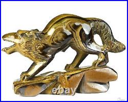 Gemstone 5.1 Blue & Gold Tiger's Eye Hand Carved Wolf Sculpture, Healing