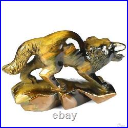 Gemstone 5.1 Blue & Gold Tiger's Eye Hand Carved Wolf Sculpture, Healing