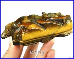 Gemstone 5.1 Blue & Gold Tiger's Eye Hand Carved Wolf Sculpture, Healing