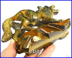 Gemstone 5.1 Blue & Gold Tiger's Eye Hand Carved Wolf Sculpture, Healing