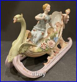 German Bisque Capodimonte Swan Sleigh Porcelain Cornucopia Centerpiece Vintage