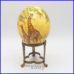 Handpainted Giraffe Genuine Ostrich Egg Single Hole Shell Brass Stand