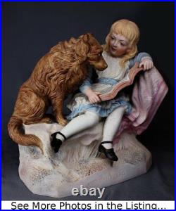 Heubach Era Victorian Piano Baby Girl Reading to Dog Collie Lab Bisque figurine