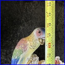 Huge Mid Century Double Bird Figure Statue Parrot Macaw Gold Ceramic 18 Tall