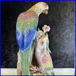 Huge Mid Century Double Bird Figure Statue Parrot Macaw Gold Ceramic 18 Tall