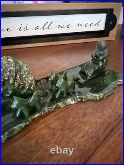 Jade Carving of Sled Dog & Team Made in Alaska 10.5 x 3 x 2 Solid Jade EUC