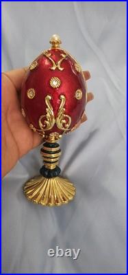 Jeweled Enamel Hinged Red Egg Box On Pedistal With Queen Chess Trinket Inside