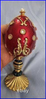 Jeweled Enamel Hinged Red Egg Box On Pedistal With Queen Chess Trinket Inside