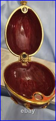 Jeweled Enamel Hinged Red Egg Box On Pedistal With Queen Chess Trinket Inside