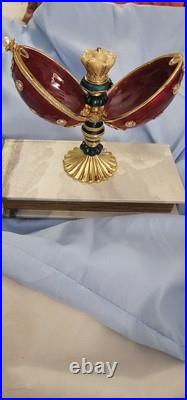 Jeweled Enamel Hinged Red Egg Box On Pedistal With Queen Chess Trinket Inside