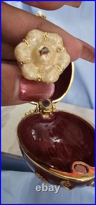 Jeweled Enamel Hinged Red Egg Box On Pedistal With Queen Chess Trinket Inside