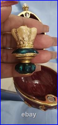 Jeweled Enamel Hinged Red Egg Box On Pedistal With Queen Chess Trinket Inside