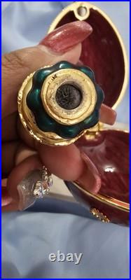 Jeweled Enamel Hinged Red Egg Box On Pedistal With Queen Chess Trinket Inside