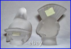 LALIQUE Pair (2) Solid Frosted Crystal SPARROW Figurines (11606/11604) France