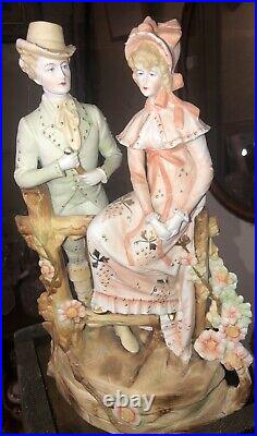 Large 19thC European Bisque Paste Porcelain Figural Group Man/Woman At a Fence