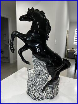 Large Ceramic Black Stallion Horse Rearing Statue 25 tall VTG MCM