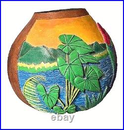 Large Hand-carved Gourd Featuring Parrot & Tropical Beach Scene, Ooak