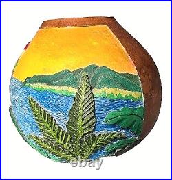 Large Hand-carved Gourd Featuring Parrot & Tropical Beach Scene, Ooak