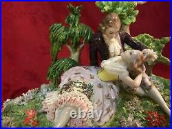 Large Sitzendorf Dresden Lace Figurine Lovers Couple Pond Lambs Pastoral Scene