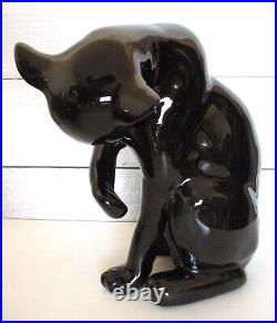 Large Vintage Black Cat Licking Paw Figurine Statue MCM Pottery 11 Glossy