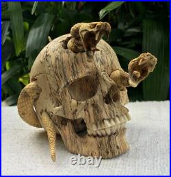 Medusa Snake Carved Skull Sculpture Wood Human Skull Replica Snake Head OOAK