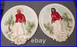 Midcentury Asian Chalk-ware Painted Wall Hanging Plaques man woman cream red