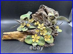 Norman Brumm Enamel Copper 2 Green Birds Yellow Flower Burl Wood Art Sculpture