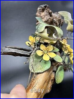 Norman Brumm Enamel Copper 2 Green Birds Yellow Flower Burl Wood Art Sculpture