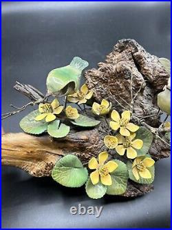 Norman Brumm Enamel Copper 2 Green Birds Yellow Flower Burl Wood Art Sculpture
