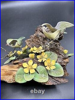 Norman Brumm Enamel Copper 2 Green Birds Yellow Flower Burl Wood Art Sculpture