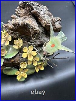 Norman Brumm Enamel Copper 2 Green Birds Yellow Flower Burl Wood Art Sculpture