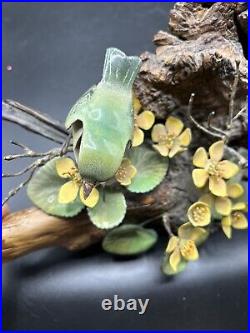 Norman Brumm Enamel Copper 2 Green Birds Yellow Flower Burl Wood Art Sculpture