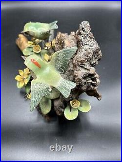 Norman Brumm Enamel Copper 2 Green Birds Yellow Flower Burl Wood Art Sculpture