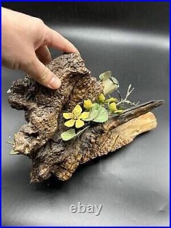 Norman Brumm Enamel Copper 2 Green Birds Yellow Flower Burl Wood Art Sculpture