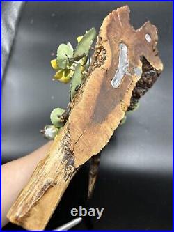 Norman Brumm Enamel Copper 2 Green Birds Yellow Flower Burl Wood Art Sculpture