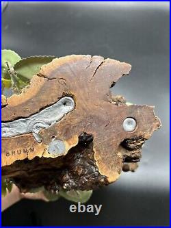 Norman Brumm Enamel Copper 2 Green Birds Yellow Flower Burl Wood Art Sculpture