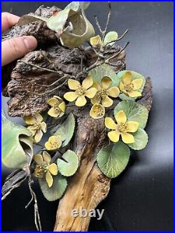 Norman Brumm Enamel Copper 2 Green Birds Yellow Flower Burl Wood Art Sculpture