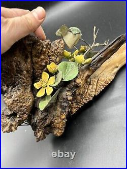 Norman Brumm Enamel Copper 2 Green Birds Yellow Flower Burl Wood Art Sculpture