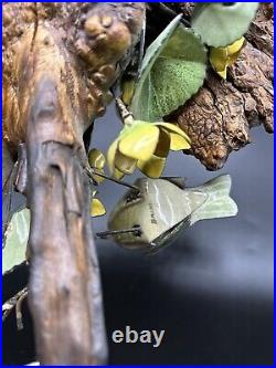 Norman Brumm Enamel Copper 2 Green Birds Yellow Flower Burl Wood Art Sculpture