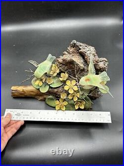 Norman Brumm Enamel Copper 2 Green Birds Yellow Flower Burl Wood Art Sculpture