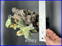 Norman Brumm Enamel Copper 2 Green Birds Yellow Flower Burl Wood Art Sculpture