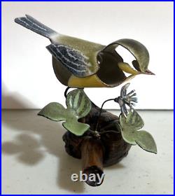 Norman Brumm Enamel On Copper Yellow Bird Finch Burl Wood Flower Signed Vintage