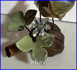 Norman Brumm Enamel On Copper Yellow Bird Finch Burl Wood Flower Signed Vintage