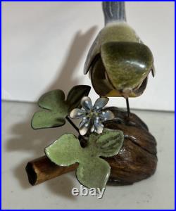 Norman Brumm Enamel On Copper Yellow Bird Finch Burl Wood Flower Signed Vintage
