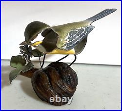 Norman Brumm Enamel On Copper Yellow Bird Finch Burl Wood Flower Signed Vintage