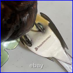 Norman Brumm Enamel On Copper Yellow Bird Finch Burl Wood Flower Signed Vintage
