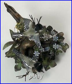 Norman Brumm Enamel on Copper 2 Birds Flowers Spiderweb Driftwood