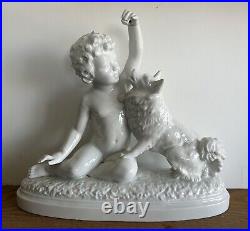 Original Antique White porcelain Little Boy with Dog, 1900's Signed
