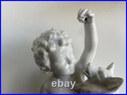Original Antique White porcelain Little Boy with Dog, 1900's Signed